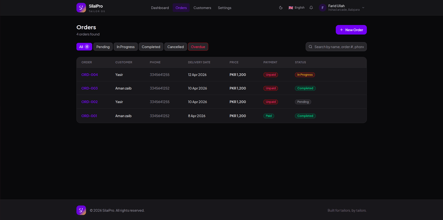 SilaiPro web portal orders in dark theme